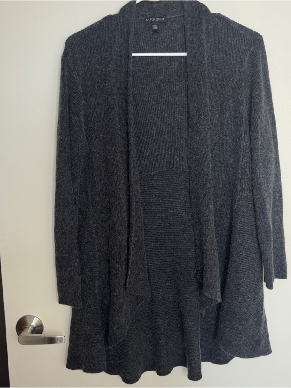 Eileen Fisher Dark Charcoal Open-Front Knit Cardigan 85%Silk and Cashmere Sz PM